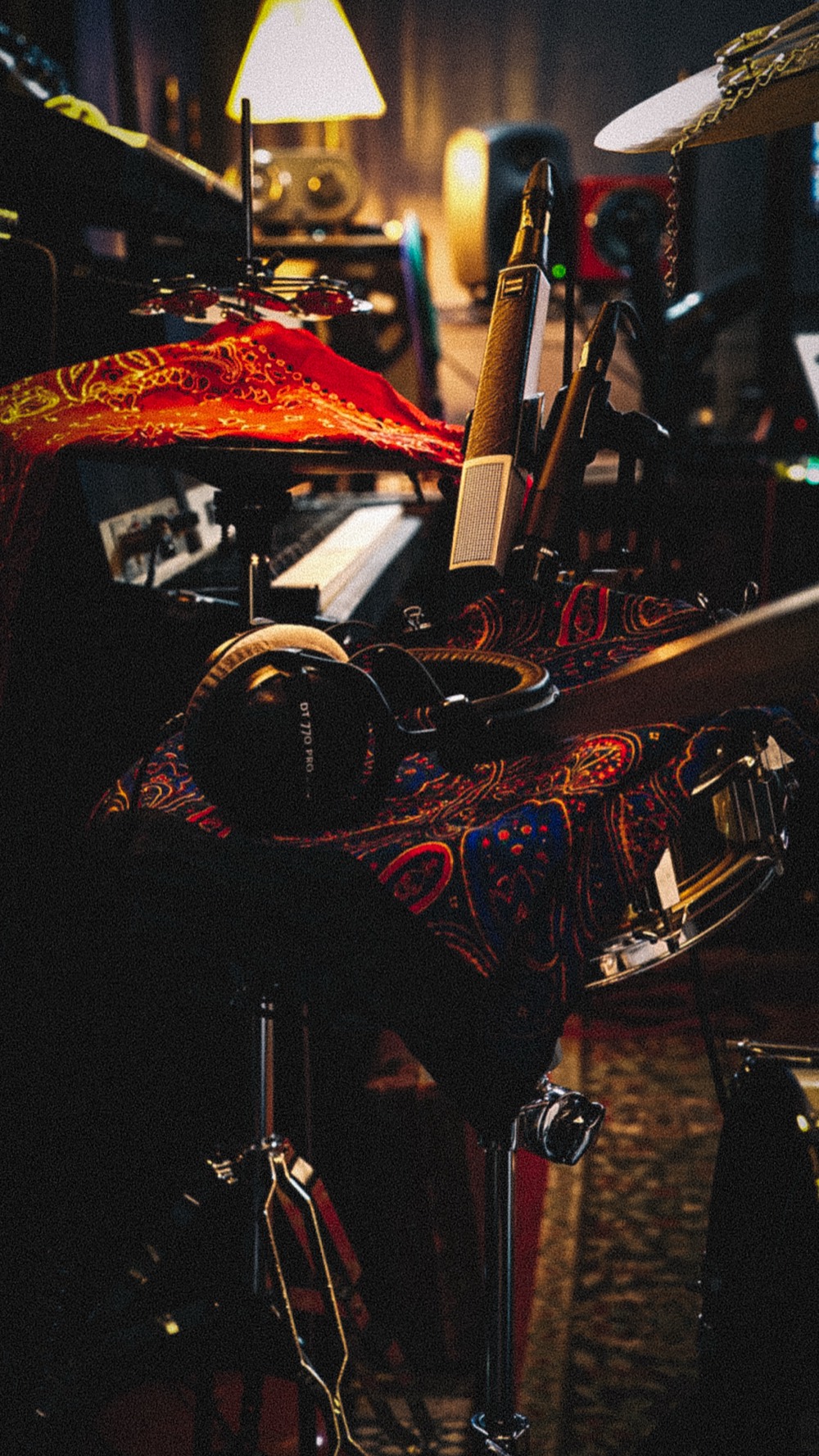 Drum kit set up with microphones